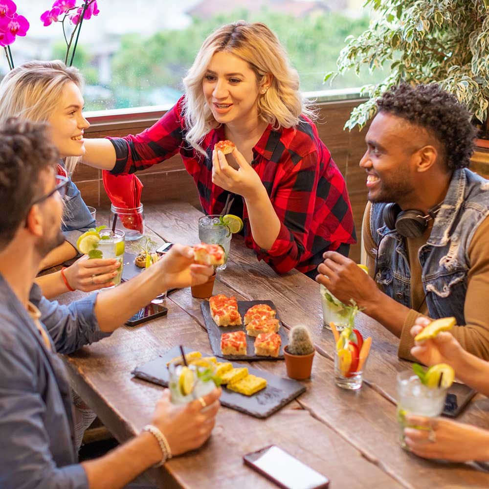 Friends eating at a local restaurant